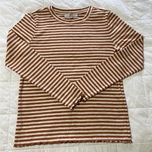 Loft Women’s Top Shirt Brown and Cream Striped Size Medium Ruffled Hem